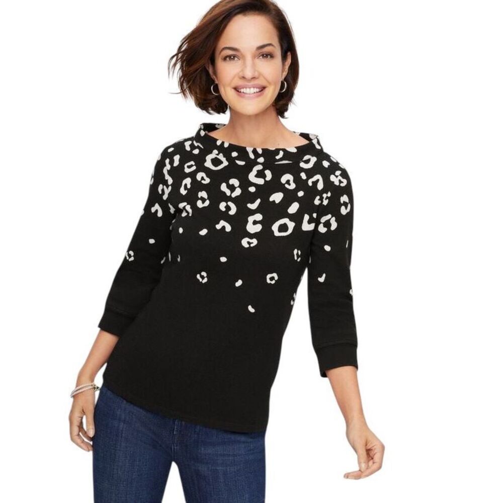 Talbots JACQUARD OMBRÉ TOP LEOPARD PRINT Size Medium‎ Holiday Black White